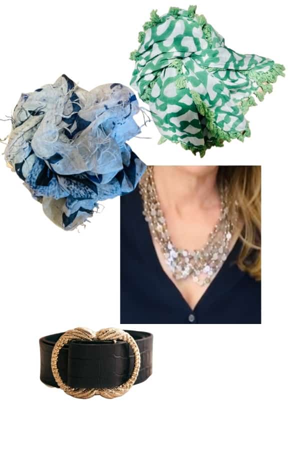 Accessories for a spring capsule wardrobe: a green scarf, a blue scarf, a sparkly silver necklace, and black belt
