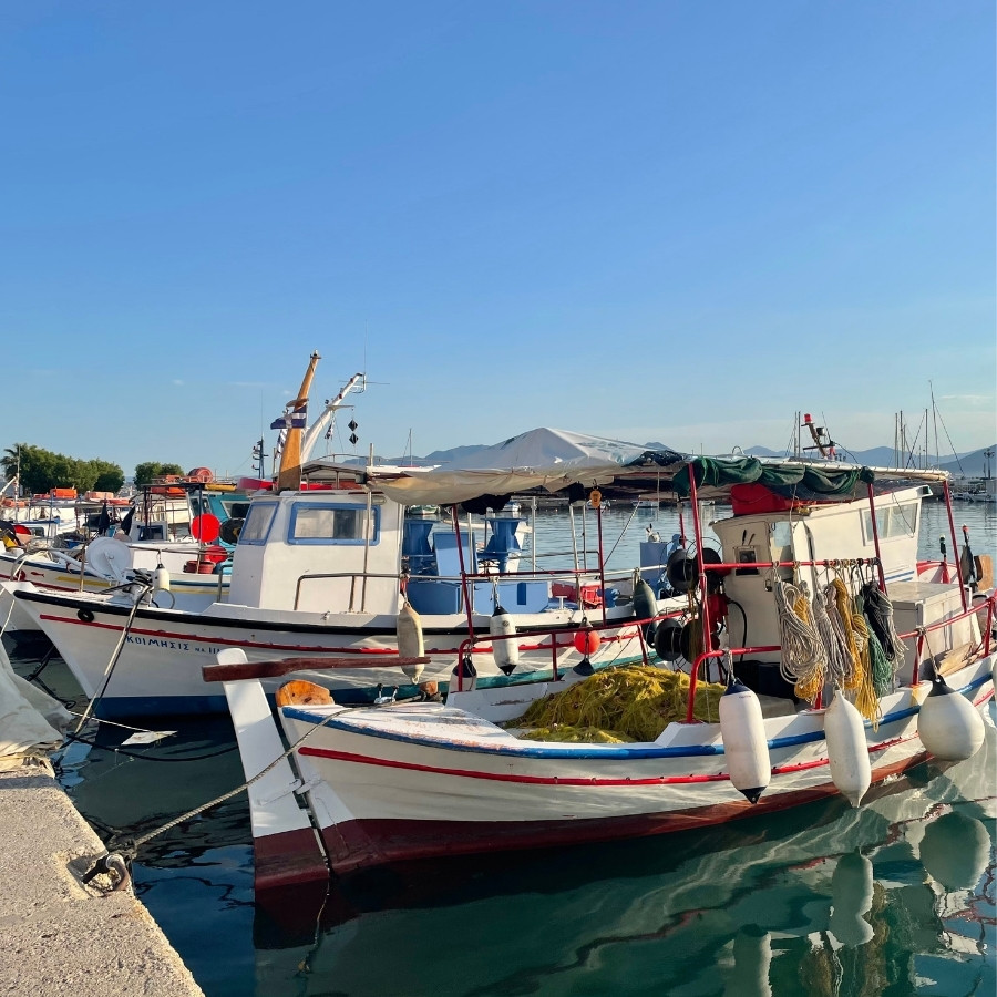 Colorful fishing boats in the port on the Greek island of Aegina
