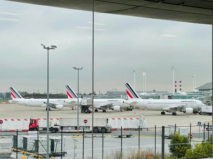 Air France airplanes sit on the tarmac at Paris Charles de Gaulle airport