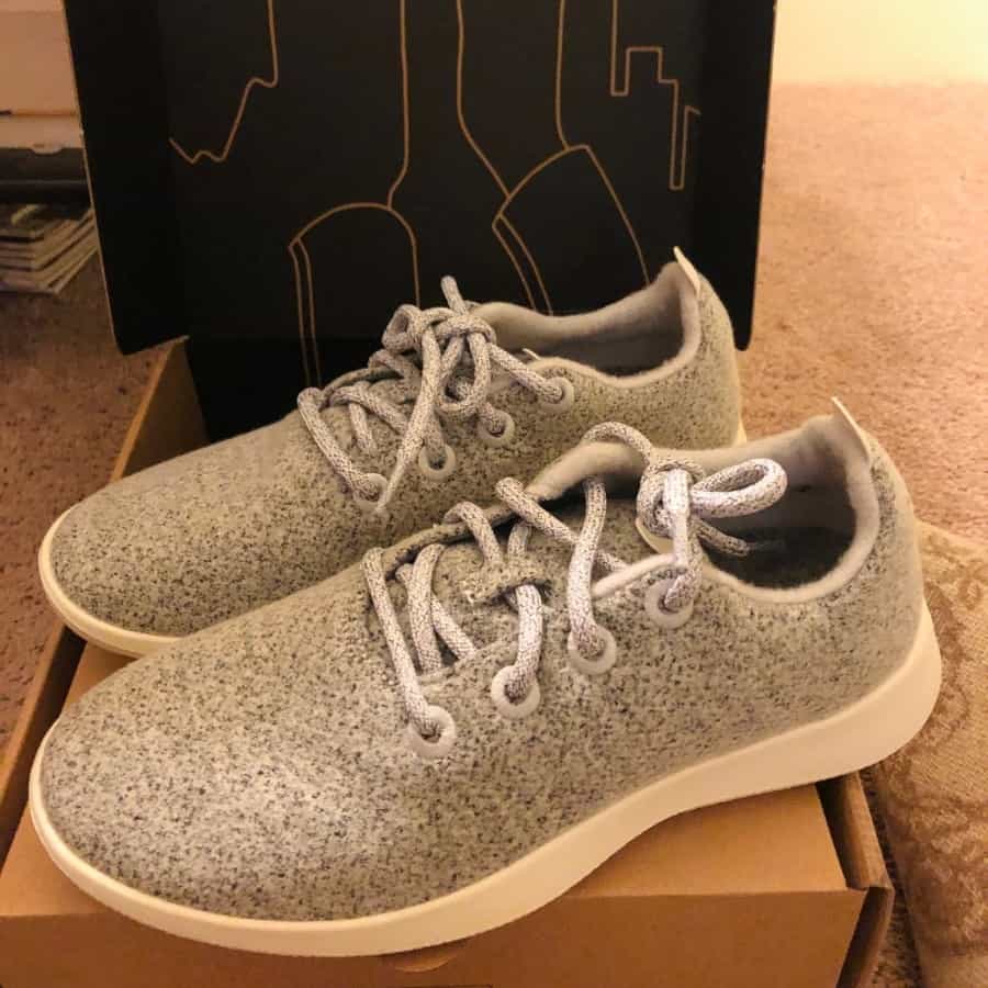 A pair of Allbirds, sustainably made wool runners, ideal for travel