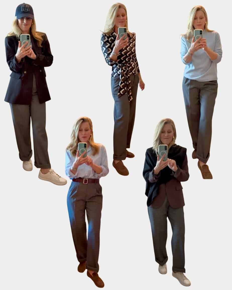 A blonde woman in 5 outfits, all using the same grey trousers