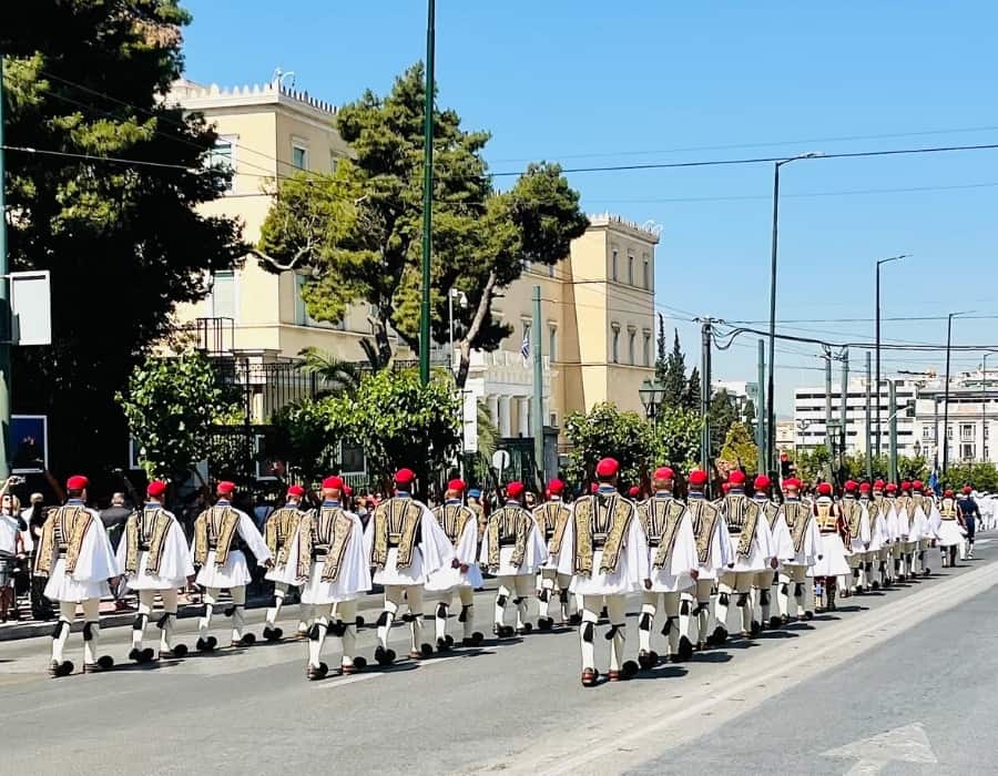 The Evzones soldiers of Athens Greece march in formation