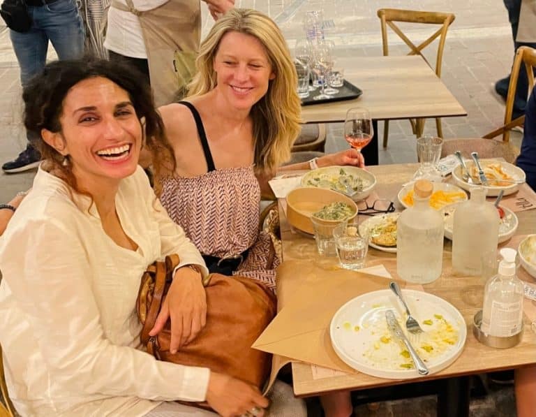 Susan Heinrich with her tour guide, Penelope Triantafyllidou, in Athens Greece