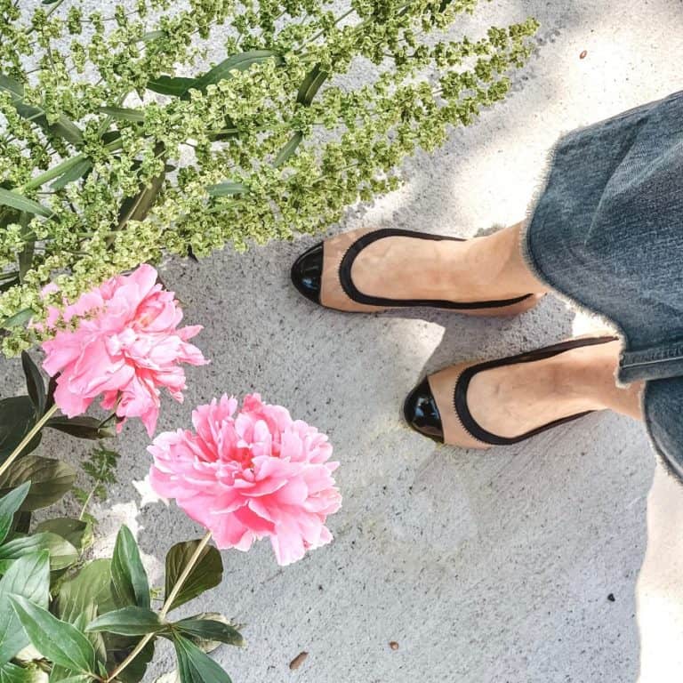 Roses and greenery and a woman's lower legs in cropped jeans and a pair of pink and black French ballet flats by Cole Haan.