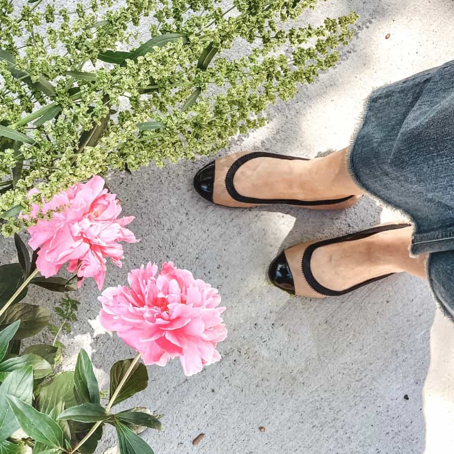 Roses and greenery and a woman's lower legs in cropped jeans and a pair of pink and black French ballet flats by Cole Haan.