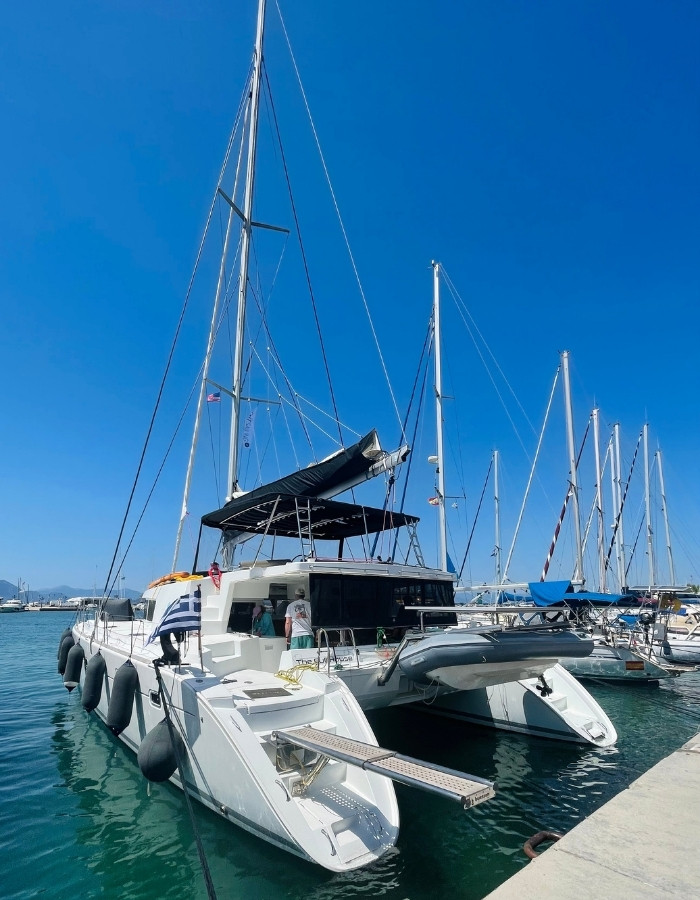 The 50-foot catamaran that was home to the group on a Traverse Journeys Greek island sailing trip