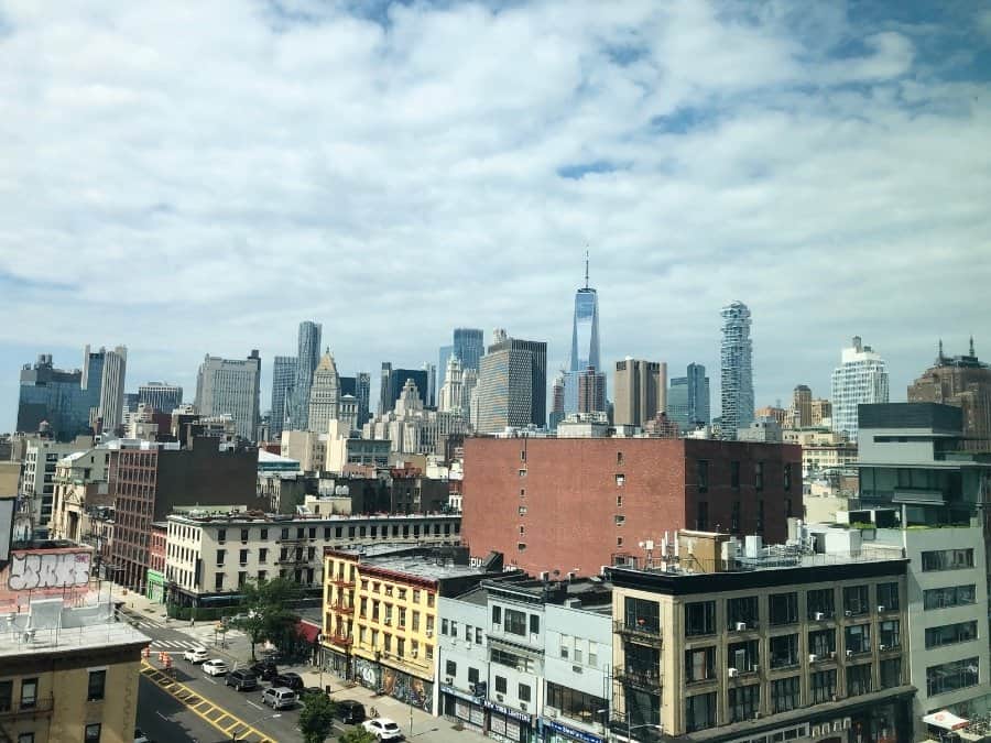 The skyline view of skyscrapers from the CitizenM Bowery Hotel in New York City