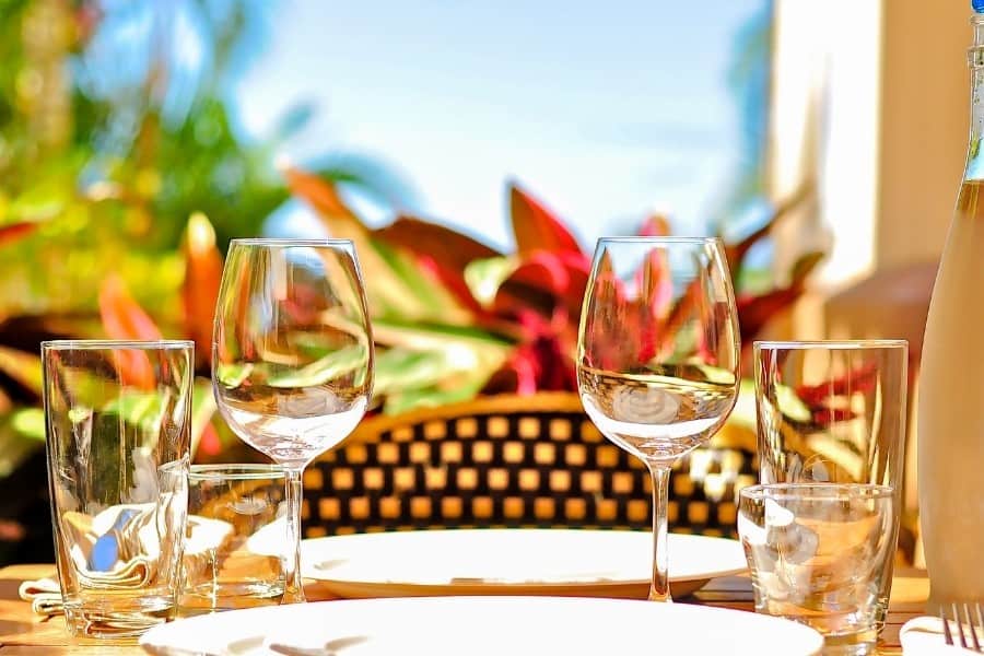 A table with wine glasses with tropical plants beyond