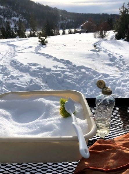 Dishwashing with a view at Pearl Lake Campground in winter