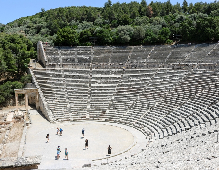 A side view of the ancient Epidaurus Amphitheater in Greece