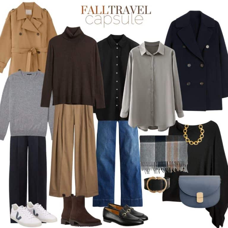 A selection of solid color wardrobe items for cool fall weather including sweater, jeans, trousers, a trench coat, blazer, brown boots, black loafers and sneakers.