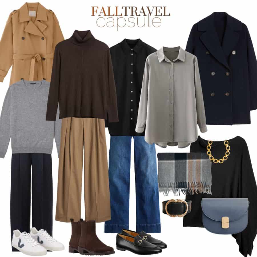 A selection of solid color wardrobe items for cool fall weather including sweater, jeans, trousers, a trench coat, blazer, brown boots, black loafers and sneakers.