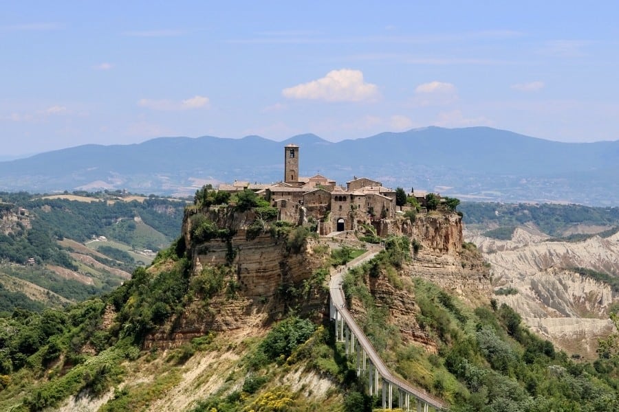 The footbridge to the Umbrian town of Civita di Bagnoregio. No cars are permitted within the city