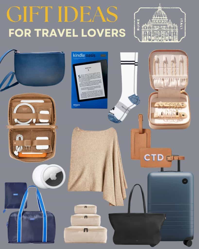 Gifts for travel lovers. A number of items are pictured against a grey background: tote bag, packing cubes, luggage, air tags, jewelry case, compression socks and a Kindle e-reader.