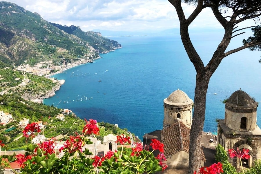 A stunning view out over the water from the Amalfi Coast, Italy