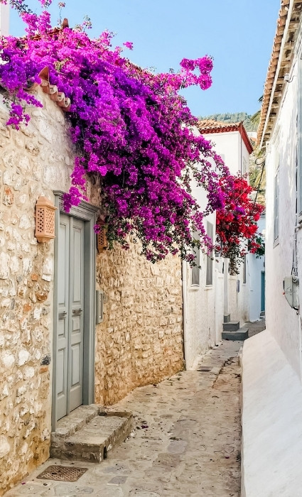 Hydra Greece laneway with bougainvillea