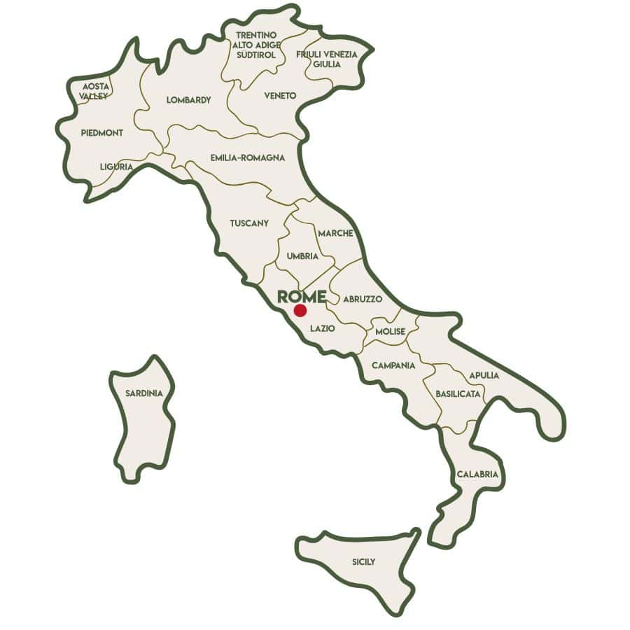 A map of Italy shows the names of all of the regions, as well as a red dot that shows the location of Rome.
