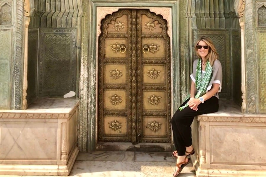 Momcation - Susan sitting at the leheyria spring gate, at city palace jaipur