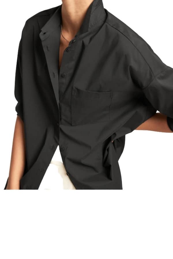 Long-sleeved black cotton shirt, a capsule wardrobe essential