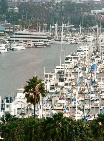 An overhead view of boats in Marina del Rey California