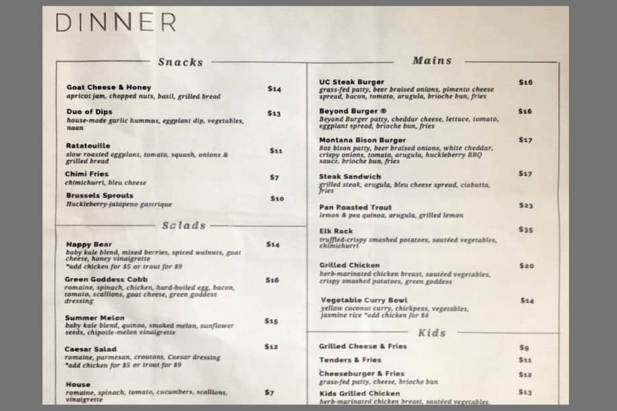 A menu from Bar N Ranch in West Yellowstone