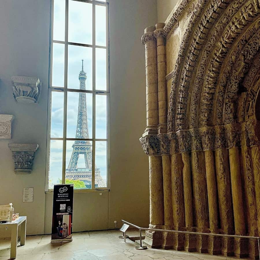The Museum of Architecture Paris with a view of the Eiffel Tower out the window