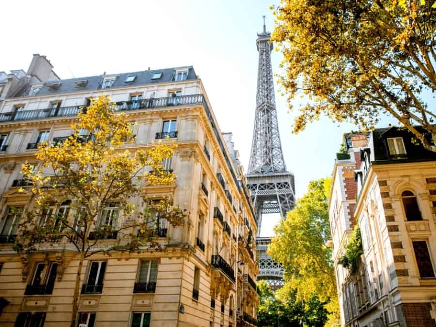 Paris apartment buildings with the Eiffel Tower beyond
