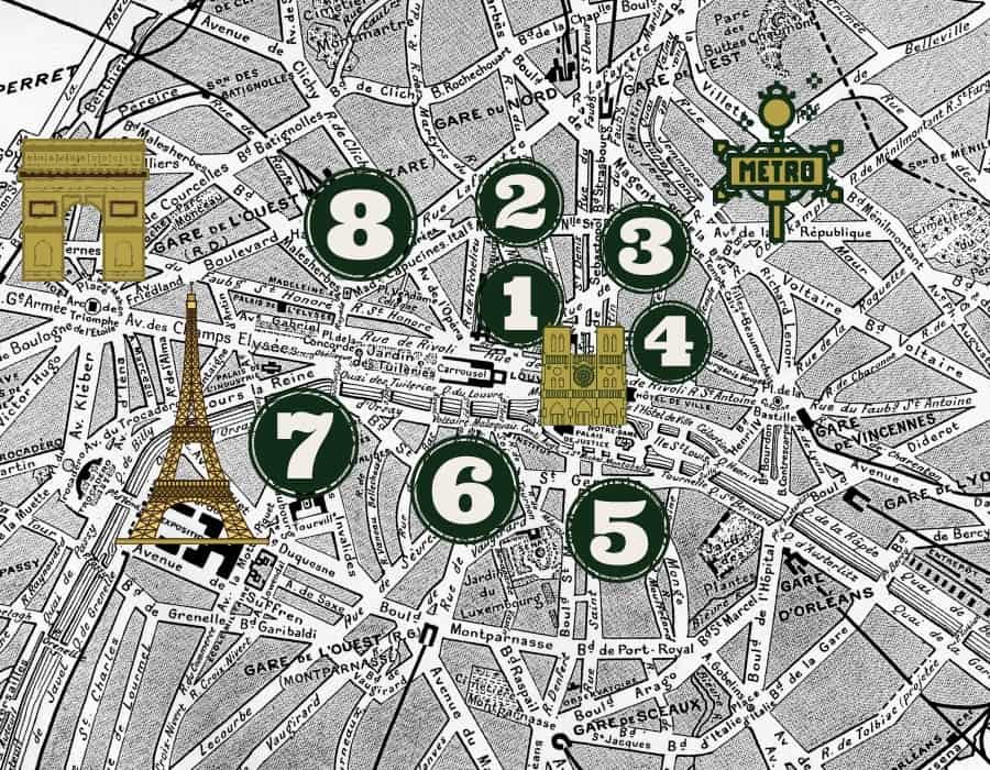 A Map of Paris's central neighbourhoods with the number 1 through 8 representing those arrondissements