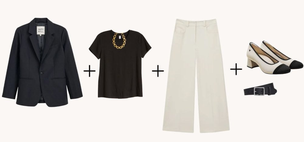 Wardrobe pieces are pictured with plus signs between them: a black blazer, a black tee and gold necklace, cream trousers and black and white pumps and a black belt.
