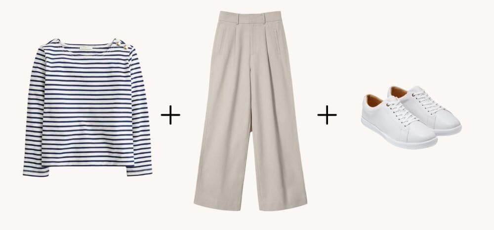 Wardrobe pieces are pictured with plus signs between them: a striped long-sleeved shirt, cotton trousers and white sneakers.