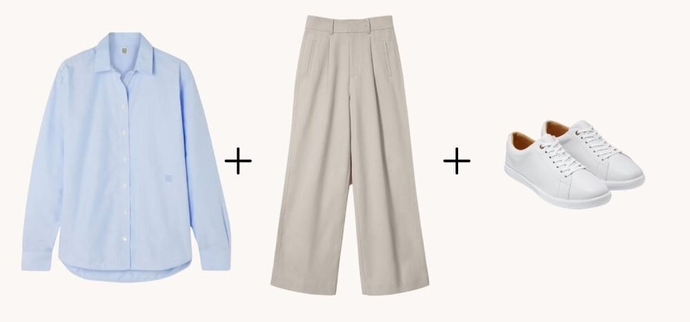 Wardrobe pieces are pictured with plus signs between them: a blue oxford shirt, tan trousers and white sneakers.