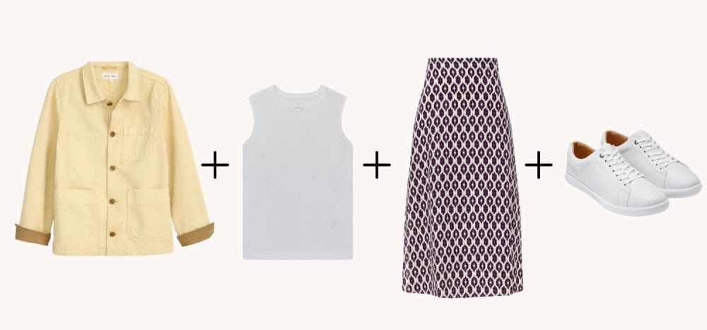 Wardrobe pieces are pictured with plus signs between them: a yellow cotton work jacket, a white tank, a patterned midi skirt and white sneakers.