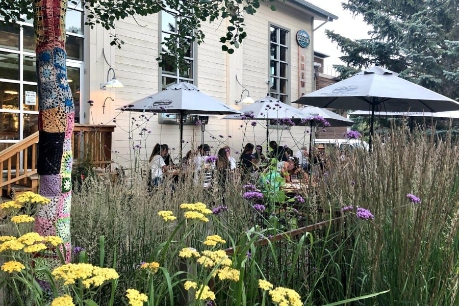 A pretty patio at Snake River Brewing in Jackson Wyoming