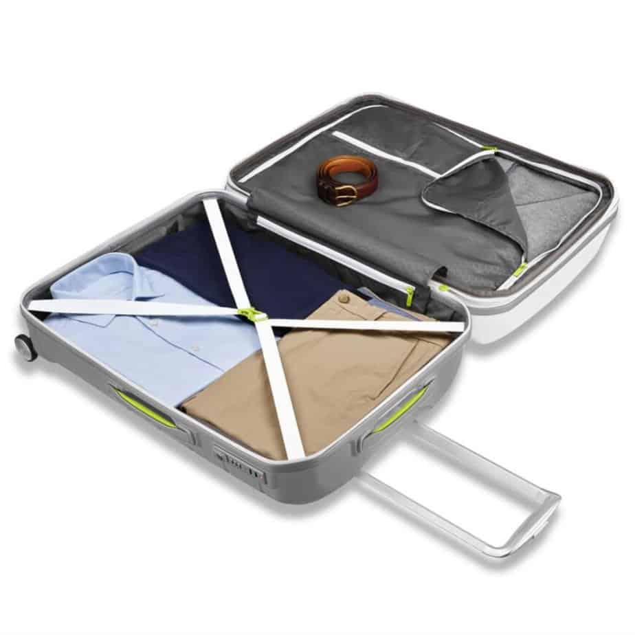 Interior of a Samsonite carry-on bag packed with items. This model is the freeform carry-on spinner.