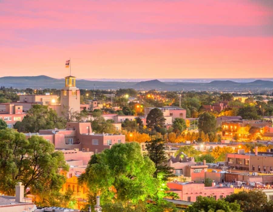 Santa Fe New Mexico at Sunset with a pink sky