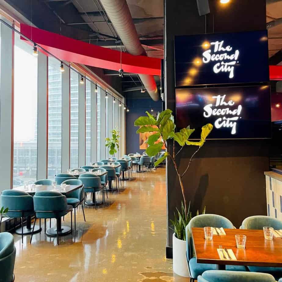 The inside of the Second City complex in Toronto with the restaurant and a bank of windows pictured.