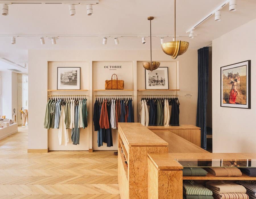 A selection of menswear at the Sézane Paris store in Le Marais. Three rows of clothing hang against a wall with a display above featureing artwork and a brown leather weekend bag. Above the bag is the word, Octobre. The clothing is mostly shades of denim blue, black, brown and white.
