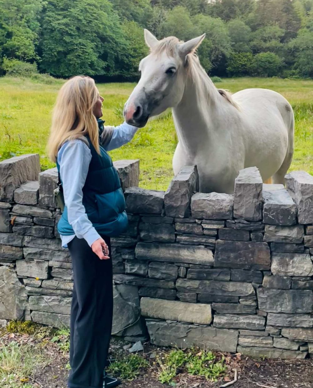 A woman stands next to an old stone fence with her hand on a white horse which stands behind the fence. The horse is in a green field with trees beyond. She is wearing black pants a blue shirt and blue vest. She has blonde hair.