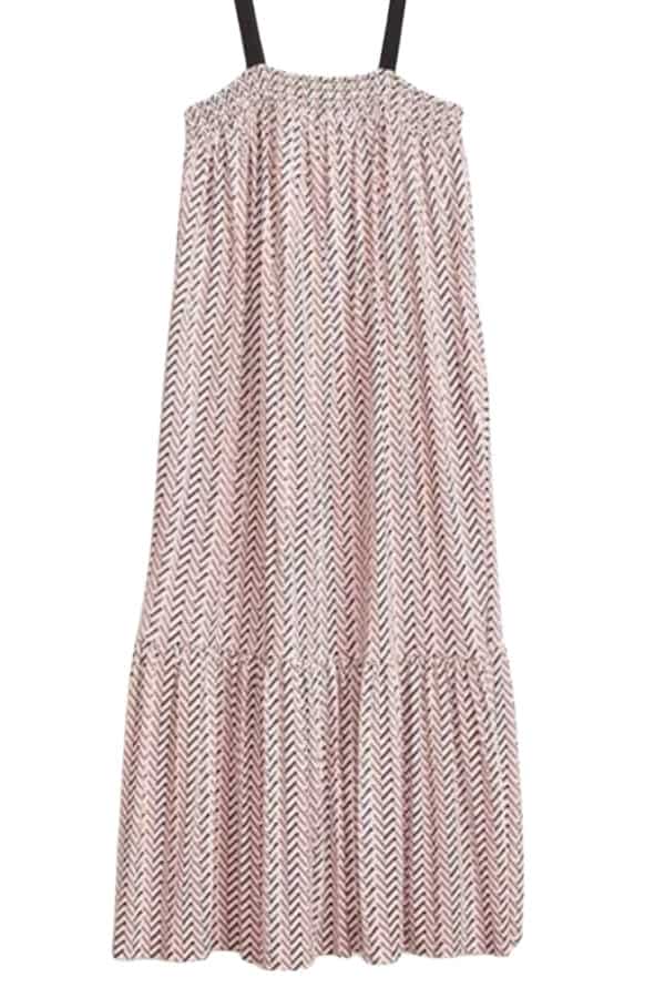 A pink chevron patterned dress with black straps, by Loft