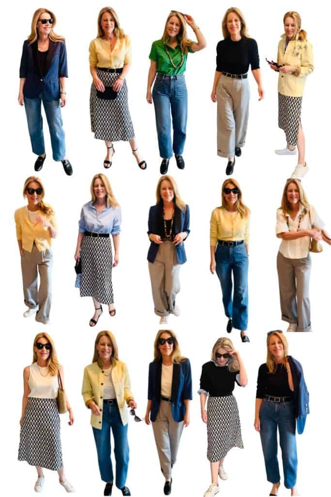 Fifteen images of a woman in outfits for spring in Paris.