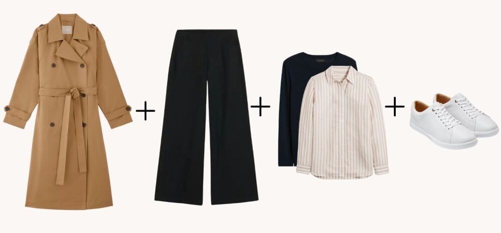 Wardrobe pieces are pictures with plus signs between them: a beige trench coat, black pants, striped shirt and a black sweater, white sneakers.
