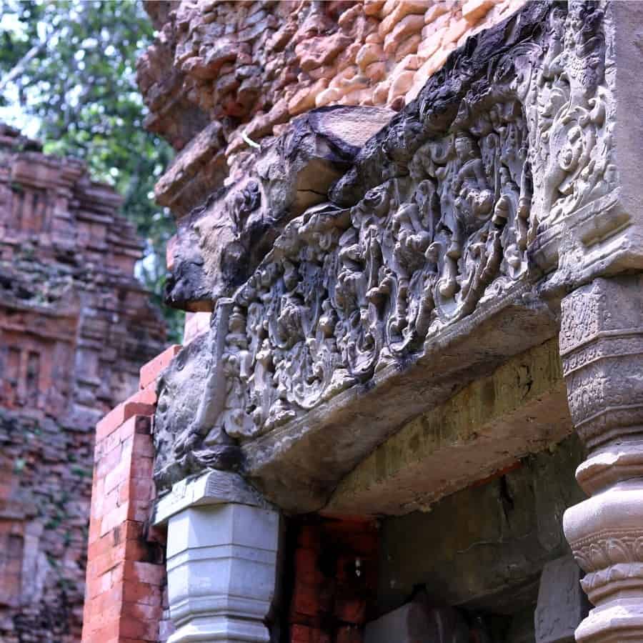 Intricate carvings in the stone lintels at Preah Ko