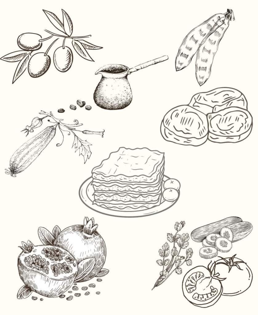 An image with line drawings of traditional Cyprus foods including halloumi, olives, moussaka, stuffed squash blossoms, salad, carob pods and pomegranate.