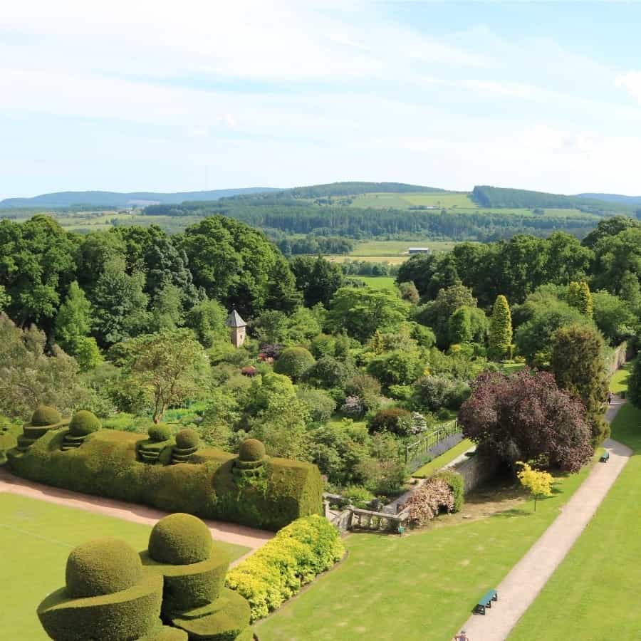 View from Crathes Castle over its garden and the rolling countryside