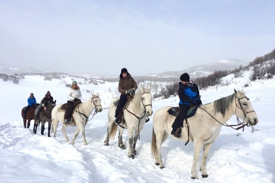 A group horseback riding near Steamboat Springs