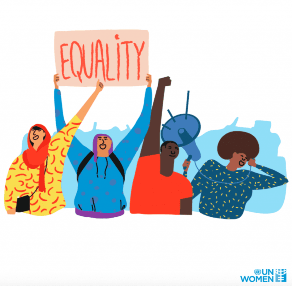 International Women's Day Graphic with four women holding a sign that says equality and shouting into a megaphone.
