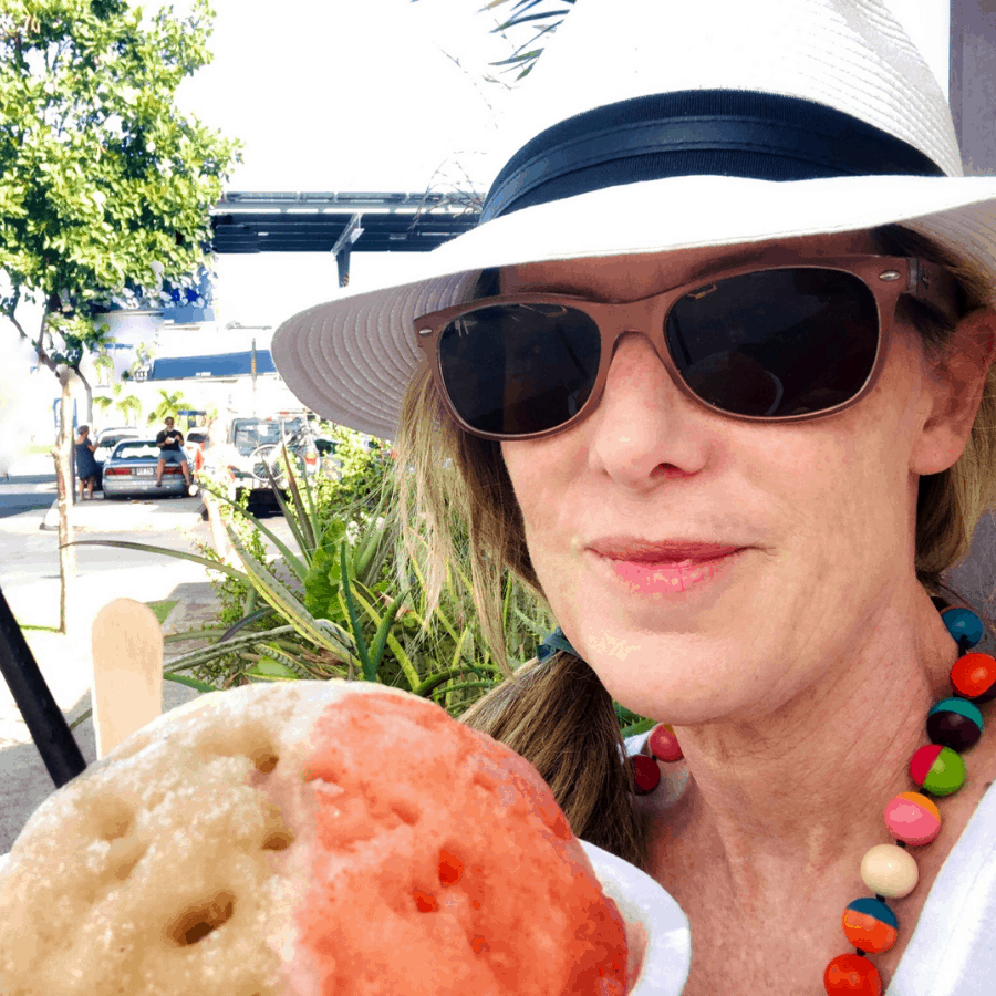 Susan Heinrich enjoys a shave ice at Ululanis in Maui