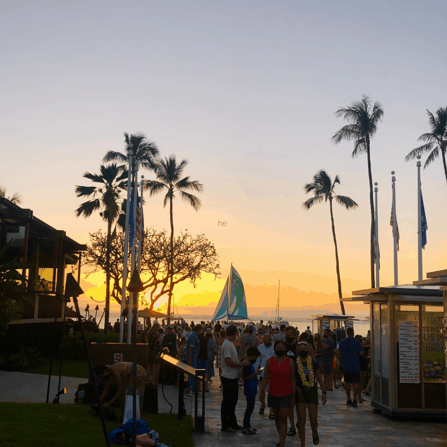 Whalers Village at sunset with Kaanapali restaurants